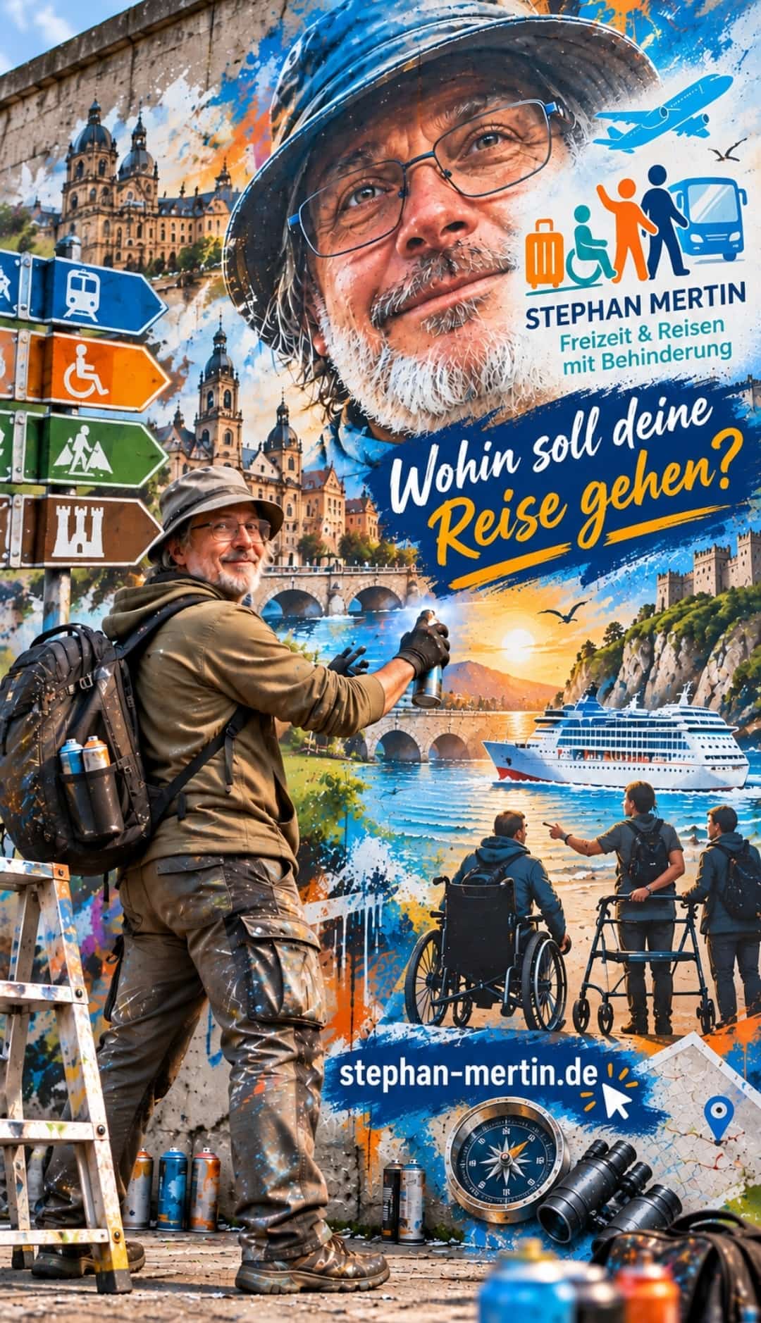 Reisecollage mit Stephan Mertin, Urlaubszielen und Menschen mit Rollstuhl und Rollator. Wohin soll deine Reise gehen?